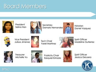 Board Members 
BPKC 
President 
Selina Han 
Vice President 
Julissa Jimenez 
Treasurer 
Michelle Vu 
Secretary 
Damaris Hernandez 
Tech Chair 
Yareli Martinez 
Publicity Chair 
Ezequiel Estrada 
Historian 
Daniel Vazquez 
Spirit Officer 
Madeline Gutierrez 
Spirit Officer 
Jessica DeLoera 
 