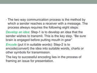 • The two way communication process is the method by
which a sender reaches a receiver with a message. The
process always requires the following eight steps:
Develop an idea: Step-1 is to develop an idea that the
sender wishes to transmit. This is the key step. “Be sure
brain is engaged before putting mouth in gear”
Encode (put it in suitable words): Step-2 is to
encode(convert) the idea into suitable words, charts or
other symbols for transmission.
The key to successful encoding lies in the process of
framing an issue for presentation.
 