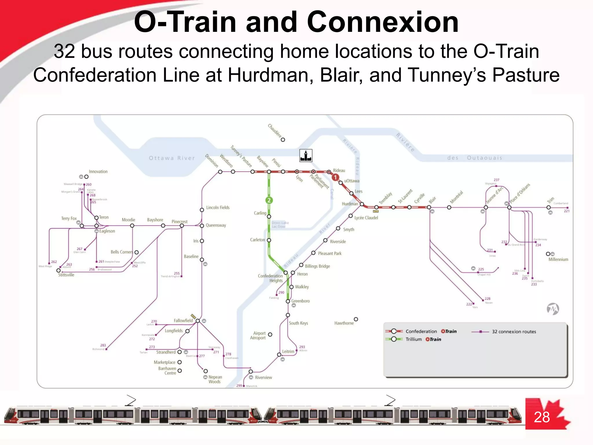 28
O-Train and Connexion
32 bus routes connecting home locations to the O-Train
Confederation Line at Hurdman, Blair, and Tunney’s Pasture
 