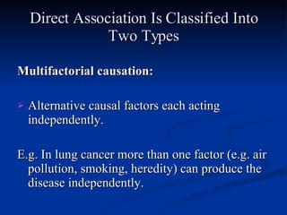 Direct Association Is Classified Into Two Types Multifactorial causation: Alternative causal factors each acting independently. E.g. In lung cancer more than one factor (e.g. air pollution, smoking, heredity) can produce the disease independently. 