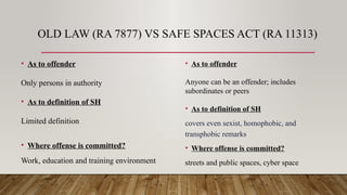 OLD LAW (RA 7877) VS SAFE SPACES ACT (RA 11313)
• As to offender
Only persons in authority
• As to definition of SH
Limited definition
• Where offense is committed?
Work, education and training environment
• As to offender
Anyone can be an offender; includes
subordinates or peers
• As to definition of SH
covers even sexist, homophobic, and
transphobic remarks
• Where offense is committed?
streets and public spaces, cyber space
 