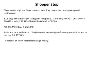 Shopper Stop
Shoppers is a High end Departmental chain. They have a shop in shop tie up with
mothercare.
B ut they also stock Bright starts gears in top 10-12 stores only. TOTAL STORES : 40-45
STORES but ONLY 22 STORES HAVE BABYCARE SECTIONS .
ALL THE MATERIAL IS ON S.O.R
Basis and returnable to us. They have very minimal space for Babycare sections and do
not buy B.S. TOYS AS
they focus on sellin Mothercare range mainly.
 
