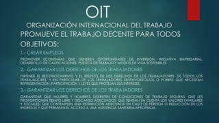 OIT
ORGANIZACIÓN INTERNACIONAL DEL TRABAJO
PROMUEVE EL TRABAJO DECENTE PARA TODOS
OBJETIVOS:
1.- CREAR EMPLEOS
PROMOVER ECONOMÍAS QUE GENEREN OPORTUNIDADES DE INVERSIÓN, INICIATIVA EMPRESARIAL,
DESARROLLO DE CALIFICACIONES, PUESTOS DE TRABAJO Y MODOS DE VIDA SOSTENIBLES
2.- GARANTIZAR LOS DERECHOS DE LOS TRABAJADORES
OBTENER EL RECONOCIMIENTO Y EL RESPETO DE LOS DERECHOS DE LOS TRABAJADORES. DE TODOS LOS
TRABAJADORES, Y EN PARTICULAR DE LOS TRABAJADORES DESFAVORECIDOS O POBRES QUE NECESITAN
REPRESENTACIÓN, PARTICIPACIÓN Y LEYES QUE PROTEJAN SUS INTERESES.
3.- GARANTIZAR LOS DERECHOS DE LOS TRABAJADORES
GARANTIZAR QUE MUJERES Y HOMBRES DISFRUTEN DE CONDICIONES DE TRABAJO SEGURAS, QUE LES
PROPORCIONEN TIEMPO LIBRE Y DESCANSO ADECUADOS, QUE TENGAN EN CUENTA LOS VALORES FAMILIARES
Y SOCIALES, QUE CONTEMPLEN UNA RETRIBUCIÓN ADECUADA EN CASO DE PÉRDIDA O REDUCCIÓN DE LOS
INGRESOS Y QUE PERMITAN EL ACCESO A UNA ASISTENCIA SANITARIA APROPIADA.
 