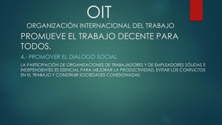 OIT
ORGANIZACIÓN INTERNACIONAL DEL TRABAJO
PROMUEVE EL TRABAJO DECENTE PARA
TODOS.
4.- PROMOVER EL DIÁLOGO SOCIAL
LA PARTICIPACIÓN DE ORGANIZACIONES DE TRABAJADORES Y DE EMPLEADORES SÓLIDAS E
INDEPENDIENTES ES ESENCIAL PARA MEJORAR LA PRODUCTIVIDAD, EVITAR LOS CONFLICTOS
EN EL TRABAJO Y CONSTRUIR SOCIEDADES COHESIONADAS.
 