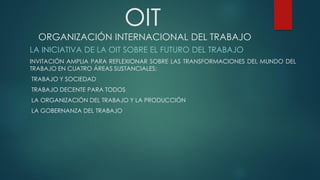 OIT
ORGANIZACIÓN INTERNACIONAL DEL TRABAJO
LA INICIATIVA DE LA OIT SOBRE EL FUTURO DEL TRABAJO
INVITACIÓN AMPLIA PARA REFLEXIONAR SOBRE LAS TRANSFORMACIONES DEL MUNDO DEL
TRABAJO EN CUATRO ÁREAS SUSTANCIALES:
TRABAJO Y SOCIEDAD
TRABAJO DECENTE PARA TODOS
LA ORGANIZACIÓN DEL TRABAJO Y LA PRODUCCIÓN
LA GOBERNANZA DEL TRABAJO
 
