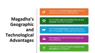 Magadha’s
Geographic
and
Technological
Advantages
Located in the fertile Ganga plains with rich
resources like timber and elephants.
Nearby hilly regions provided iron ore and
minerals essential for growth.
Use of iron technology boosted agriculture
with iron ploughs, increasing food production.
Iron weapons made the army stronger and
more effective.
These factors helped Magadha expand and
strengthen as a kingdom.
 
