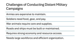 Challenges of Conducting Distant Military
Campaigns
Armies are expensive to maintain.
Soldiers need food, gear, and pay.
War animals require care and supplies.
Roads and ships must be built or maintained.
Requires strong economy and resource access.
Needs large workforce and efficient organization.
 