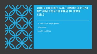 WITHIN COUNTRIES LARGE NUMBER OF PEOPLE
MAY MOVE FROM THE RURAL TO URBAN
AREAS-
in search of employment
education
health facilities
 