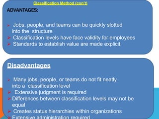 ADVANTAGES:
 Jobs, people, and teams can be quickly slotted
into the structure
 Classification levels have face validity...