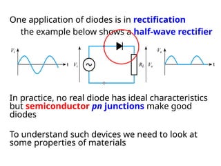 One application of diodes is in rectification
the example below shows a half-wave rectifier
In practice, no real diode has ideal characteristics
but semiconductor pn junctions make good
diodes
To understand such devices we need to look at
some properties of materials
 