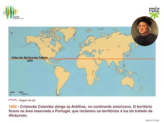 Hora H / 8.º ano
Linha de Alcáçovas-Toledo
1479
1492 - Cristovão Colombo atinge as Antilhas, no continente americano. O território
ficava na área reservada a Portugal, que reclamou os territórios à luz do tratado de
Alcáçovas.
- Viagem de ida
 