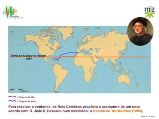 Hora H / 8.º ano
Linha de Alcáçovas-Toledo
1479
Para resolver a contenda, os Reis Católicos propõem a assinatura de um novo
acordo com D. João II, baseado num meridiano: o tratado de Tordesilhas (1494).
- Viagem de ida
- Viagem de volta
 