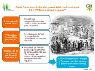 Hora H / 8.º ano
• Intolerância:
perseguição aos não
cristãos, com destaque
para os judeus
Imposição do
catolicismo
• Averiguação e tortura
de suspeitos de
desrespeitar as normas
católicas
Tribunal do
Santo Ofício
(Inquisição)
• Nos autos de fé eram
exibidos publicamente
os condenados. Os que
não mostravam
arrependimento podiam
ser queimados em
fogueiras.
Realização de
cerimónias
públicas de
condenação
Muitos abandonaram Portugal
e Espanha, contribuindo para
o desenvolvimento de outros
países.
Quais foram as atitudes dos povos ibéricos dos séculos
XV e XVI face a outras religiões?
 
