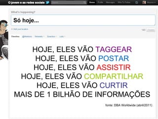 Só hoje...




    HOJE, ELES VÃO TAGGEAR
     HOJE, ELES VÃO POSTAR
     HOJE, ELES VÃO ASSISTIR
 HOJE, ELES VÃO COMPARTILHAR
      HOJE, ELES VÃO CURTIR
MAIS DE 1 BILHÃO DE INFORMAÇÕES
                    fonte: DBA Worldwide (abril/2011)
 