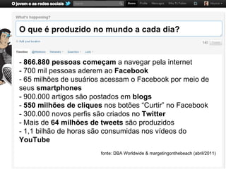 O que é produzido no mundo a cada dia?


- 866.880 pessoas começam a navegar pela internet
- 700 mil pessoas aderem ao Facebook
- 65 milhões de usuários acessam o Facebook por meio de
seus smartphones
- 900.000 artigos são postados em blogs
- 550 milhões de cliques nos botões “Curtir” no Facebook
- 300.000 novos perfis são criados no Twitter
- Mais de 64 milhões de tweets são produzidos
- 1,1 bilhão de horas são consumidas nos vídeos do
YouTube
                        fonte: DBA Worldwide & margetingonthebeach (abril/2011)
 