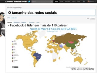 O tamanho das redes sociais


- Facebook é líder em mais de 110 países




                                           fonte: Vincos (junho/2010)
 