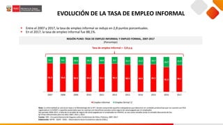 Nota: La informalidad se calcula en base a la Metodología de la OIT, donde comprende aquellos trabajadores que laboraron en unidades productivas que no cuentan con RUC
registrado en la SUNAT o aquellos asalariados que no cuentan con beneficios sociales como seguro de salud pagado por el empleador.
Del periodo 2004-2011,a falta de la variable de seguro de salud pagado por el empleador en ENAHO,se usa como variable proxy la variable descuentode ley.
1/ Cifras referencialespara los años 2007, 2011 y 2012.
Fuente: INEI- EncuestaNacional de Hogares sobre Condiciones de Vida y Pobreza, 2007-2017.
Elaboración: MTPE - DGPE - DISEL - Observatorio Socio Económico Laboral (OSEL).
REGIÓN PUNO: TASA DE EMPLEO INFORMAL Y EMPLEO FORMAL, 2007-2017
(Porcentaje)
EVOLUCIÓN DE LA TASA DE EMPLEO INFORMAL
 Entre el 2007 y 2017, la tasa de empleo informal se redujo en 2,8 puntos porcentuales.
 En el 2017, la tasa de empleo informal fue 88,1%.
90.9 90.8 89.5 89.8 90.0 90.3 88.9 88.8 89.3
85.3 88.1
9.1 9.2 10.5 10.2 10.0 9.7 11.1 11.2 10.7
14.7 11.9
2007 2008 2009 2010 2011 2012 2013 2014 2015 2016 2017
Empleo informal Empleo formal 1/
Tasa de empleo informal = -2,8 p.p.
 