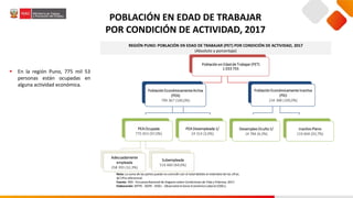 POBLACIÓN EN EDAD DE TRABAJAR
POR CONDICIÓN DE ACTIVIDAD, 2017
 En la región Puno, 775 mil 53
personas están ocupadas en
alguna actividad económica.
Nota: La suma de las partes puede no coincidircon el total debido al redondeo de las cifras.
1/ Cifra referencial.
Fuente: INEI- EncuestaNacional de Hogares sobre Condiciones de Vida y Pobreza, 2017.
Elaboración: MTPE - DGPE - DISEL - Observatorio Socio Económico Laboral (OSEL).
REGIÓN PUNO: POBLACIÓN EN EDAD DE TRABAJAR (PET) POR CONDICIÓN DE ACTIVIDAD, 2017
(Absoluto y porcentaje)
Población en Edad de Trabajar (PET)
1 033 755
Población EconómicamenteActiva
(PEA)
799 367 (100,0%)
PEA Ocupada
775 053 (97,0%)
Adecuadamente
empleada
258 393 (32,3%)
Subempleada
516 660 (64,6%)
PEA Desempleada 1/
24 314 (3,0%)
Población EconómicamenteInactiva
(PEI)
234 388 (100,0%)
Desempleo Oculto1/
14 784 (6,3%)
Inactivo Pleno
219 604 (93,7%)
 