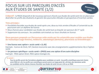 22/01/2020
FOCUS SUR LES PARCOURS D’ACCÈS
AUX ÉTUDES DE SANTÉ (1/2)
L’objectif : la PACES disparaît et de nouveaux parcours d’accès aux études de santé sont mis en place pour
diversifier les profils des étudiants et garantir des poursuites d’études et perspectives d’insertion variées
Trois principes :
> Possibilité d’accéder aux études de santé après une, deux ou trois années d’études à l’université ou de
poursuivre vers un diplôme de licence
> Deux chances pour candidater aux études de santé tout au long de son parcours de 1er cycle
> Suppression du concours : les candidats sont évalués sur leurs résultats en licence
Deux parcours proposés sur Parcoursup cette année par les universités pour accéder aux études
de maïeutique (sage-femme), médecine, odontologie (dentaire), pharmacie ou kinésithérapie :
> Une licence avec option « accès santé » (L.AS)
Exemple : licence de Droit, SVT, Gestion économie avec des enseignements supplémentaires liés à l’option
santé
> Un parcours spécifique « accès santé » (PASS) avec une option d’une autre discipline
Exemple : PASS option Droit, PASS option biologie etc.
15
A savoir :
- Tous les profils auront des formations adaptées pour candidater en santé : les profils scientifiques pourront choisir
entre PASS et L.AS, les profils non scientifiques auront accès à un large panel de L.AS dans des domaines variés
- Les candidats ont les mêmes chances d’accéder aux études de santé via une L.AS ou un PASS
 