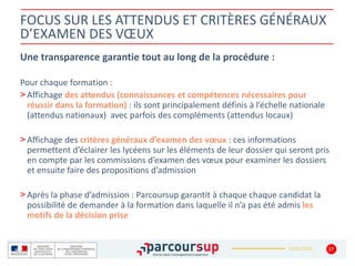 22/01/2020
FOCUS SUR LES ATTENDUS ET CRITÈRES GÉNÉRAUX
D’EXAMEN DES VŒUX
Une transparence garantie tout au long de la procédure :
Pour chaque formation :
> Affichage des attendus (connaissances et compétences nécessaires pour
réussir dans la formation) : ils sont principalement définis à l’échelle nationale
(attendus nationaux) avec parfois des compléments (attendus locaux)
> Affichage des critères généraux d’examen des vœux : ces informations
permettent d’éclairer les lycéens sur les éléments de leur dossier qui seront pris
en compte par les commissions d’examen des vœux pour examiner les dossiers
et ensuite faire des propositions d’admission
> Après la phase d’admission : Parcoursup garantit à chaque chaque candidat la
possibilité de demander à la formation dans laquelle il n’a pas été admis les
motifs de la décision prise
17
 