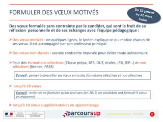 22/01/2020
FORMULER DES VŒUX MOTIVÉS
Des vœux formulés sans contrainte par le candidat, qui sont le fruit de sa
réflexion personnelle et de ses échanges avec l’équipe pédagogique :
> Des vœux motivés : en quelques lignes, le lycéen explique ce qui motive chacun de
ses vœux. Il est accompagné par son professeur principal
> Des vœux non classés : aucune contrainte imposée pour éviter toute autocensure
> Pour des formations sélectives (Classe prépa, BTS, DUT, écoles, IFSI, IEP…) et non
sélectives (licence, PASS)
> Jusqu’à 10 vœux
> Jusqu’à 10 vœux supplémentaires en apprentissage
23
Conseil : penser à diversifier ses vœux entre des formations sélectives et non sélectives
Conseil : éviter de ne formuler qu’un seul vœu (en 2019, les candidats ont formulé 9 vœux
en moyenne)
 