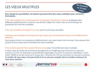 22/01/2020
LES VŒUX MULTIPLES
Pour élargir les possibilités, les lycéens peuvent faire des vœux multiples pour certaines
formations :
> Un vœu multiple est un regroupement de plusieurs formations similaires proposées dans
différents établissements ou sites en vue de faire l'objet d'un même vœu et ainsi d’élargir les
possibilités de choix des candidats.
> Un vœu multiple correspond à un vœu parmi les 10 vœux possibles.
> Chaque vœu multiple est composé de sous-vœux qui correspondent chacun à un établissement
différent.
Vous pouvez choisir un ou plusieurs établissements, sans avoir besoin de les classer. Vous pouvez faire
jusqu’à 20 sous-vœux pour l’ensemble des vœux multiples.
> Les lycéens peuvent faire jusqu’à 20 sous-vœux pour l’ensemble des vœux multiples
A noter: pour les écoles de commerce/management ou d'ingénieurs qui recrutent sur concours
commun, les IFSI, les formations paramédicales regroupées, les EFTS, les parcours spécifiques "accès
santé" (PASS) en Ile-de-France et le réseau des 7 Sciences Po / IEP qui recrutent sur concours commun,
le nombre de sous-vœux n’est pas limité et ils ne sont pas comptés dans le nombre maximum de
sous-vœux autorisé.
24
 