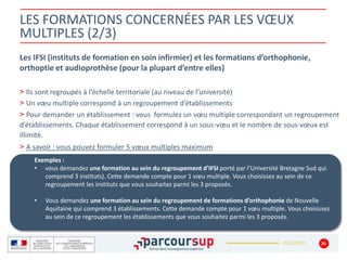 22/01/2020
LES FORMATIONS CONCERNÉES PAR LES VŒUX
MULTIPLES (2/3)
Les IFSI (instituts de formation en soin infirmier) et les formations d’orthophonie,
orthoptie et audioprothèse (pour la plupart d’entre elles)
> Ils sont regroupés à l’échelle territoriale (au niveau de l’université)
> Un vœu multiple correspond à un regroupement d’établissements
> Pour demander un établissement : vous formulez un vœu multiple correspondant un regroupement
d’établissements. Chaque établissement correspond à un sous-vœu et le nombre de sous-vœux est
illimité.
> A savoir : vous pouvez formuler 5 vœux multiples maximum
26
Exemples :
• vous demandez une formation au sein du regroupement d’IFSI porté par l’Université Bretagne Sud qui
comprend 3 instituts). Cette demande compte pour 1 vœu multiple. Vous choisissez au sein de ce
regroupement les instituts que vous souhaitez parmi les 3 proposés.
• Vous demandez une formation au sein du regroupement de formations d’orthophonie de Nouvelle
Aquitaine qui comprend 3 établissements. Cette demande compte pour 1 vœu multiple. Vous choisissez
au sein de ce regroupement les établissements que vous souhaitez parmi les 3 proposés.
 