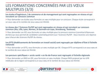 22/01/2020
LES FORMATIONS CONCERNÉES PAR LES VŒUX
MULTIPLES (3/3)
Les écoles d’ingénieurs / de commerce et de management qui sont regroupées en réseau et qui
recrutent sur concours commun
> Pour demander ces écoles vous formulez un vœu multiple pour un concours. Chaque école correspond à
un sous-vœu et le nombre de sous-vœux est illimité.
Le réseau des 7 Sciences Po/IEP qui sont regroupées en réseau et qui recrutent sur concours
commun (Aix, Lille, Lyon, Rennes, St Germain-en-Laye, Strasbourg, Toulouse)
> Pour demander ces IEP, vous formulez un vœu multiple pour le concours commun (constitué d’épreuves
écrites) qui vous permet de candidater automatiquement aux 7 Sciences Po/IEP . Vous recevrez une réponse
pour chacun des Sciences-Po/IEP du réseau.
Les EFTS (établissements de formation en travail social) sont regroupés par diplôme d’Etat à l’échelle
nationale
> Pour demander un EFTS, vous formulez un vœu multiple par DE. Chaque EFTS correspond à un sous-vœu et
le nombre de sous-vœux est illimité.
Les parcours spécifiques « accès santé » en Ile-de-France sont regroupés à l’échelle régionale
> Pour demander un PASS en IDF, vous formulez un vœu multiple. Chaque PASS proposé par les UFR
médicales de la région correspond à un sous-vœu et le nombre de sous-vœux est illimité.
27
 