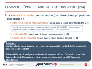 22/01/2020
COMMENT RÉPONDRE AUX PROPOSITIONS REÇUES (2/4)
> Les délais à respecter pour accepter (ou refuser) une proposition
d’admission :
• Entre le 19 et le 23 mai 2020 inclus : vous avez 5 jours pour répondre (J+4)
• Le 24 mai 2020 : vous avez 4 jours pour répondre (J+3)
• À partir du 25 mai 2020 : vous avez 3 jours pour répondre (J+2)
49
Exemple : vous recevez une proposition d’admission le 19 mai 2020 : vous pouvez
accepter ou renoncer à cette proposition jusqu’au 23 mai 2020 inclus.
A savoir :
Les dates limites pour accepter ou refuser une proposition sont affichées clairement
dans le dossier candidat.
Si le candidat ne répond pas dans les délais, ses propositions d’admission (sauf celle
éventuellement déjà acceptée) et ses vœux en attente sont considérés comme
abandonnés
 