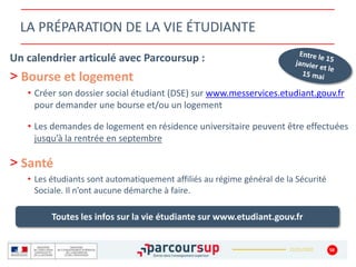 22/01/2020
LA PRÉPARATION DE LA VIE ÉTUDIANTE
Un calendrier articulé avec Parcoursup :
> Bourse et logement
• Créer son dossier social étudiant (DSE) sur www.messervices.etudiant.gouv.fr
pour demander une bourse et/ou un logement
• Les demandes de logement en résidence universitaire peuvent être effectuées
jusqu’à la rentrée en septembre
> Santé
• Les étudiants sont automatiquement affiliés au régime général de la Sécurité
Sociale. Il n’ont aucune démarche à faire.
58
Toutes les infos sur la vie étudiante sur www.etudiant.gouv.fr
 