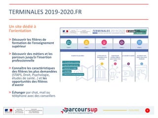 22/01/2020
TERMINALES 2019-2020.FR
Un site dédié à
l’orientation
> Découvrir les filières de
formation de l’enseignement
supérieur
> Découvrir des métiers et les
parcours jusqu’à l’insertion
professionnelle
> Connaître les caractéristiques
des filières les plus demandées
(STAPS, Droit, Psychologie,
études de santé…) et les
opportunités des filières
d’avenir
> Échanger par chat, mail ou
téléphone avec des conseillers
9
 