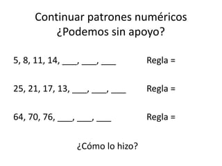 Continuar patrones numéricos
¿Podemos sin apoyo?
5, 8, 11, 14, ___, ___, ___ Regla =
25, 21, 17, 13, ___, ___, ___ Regla =...