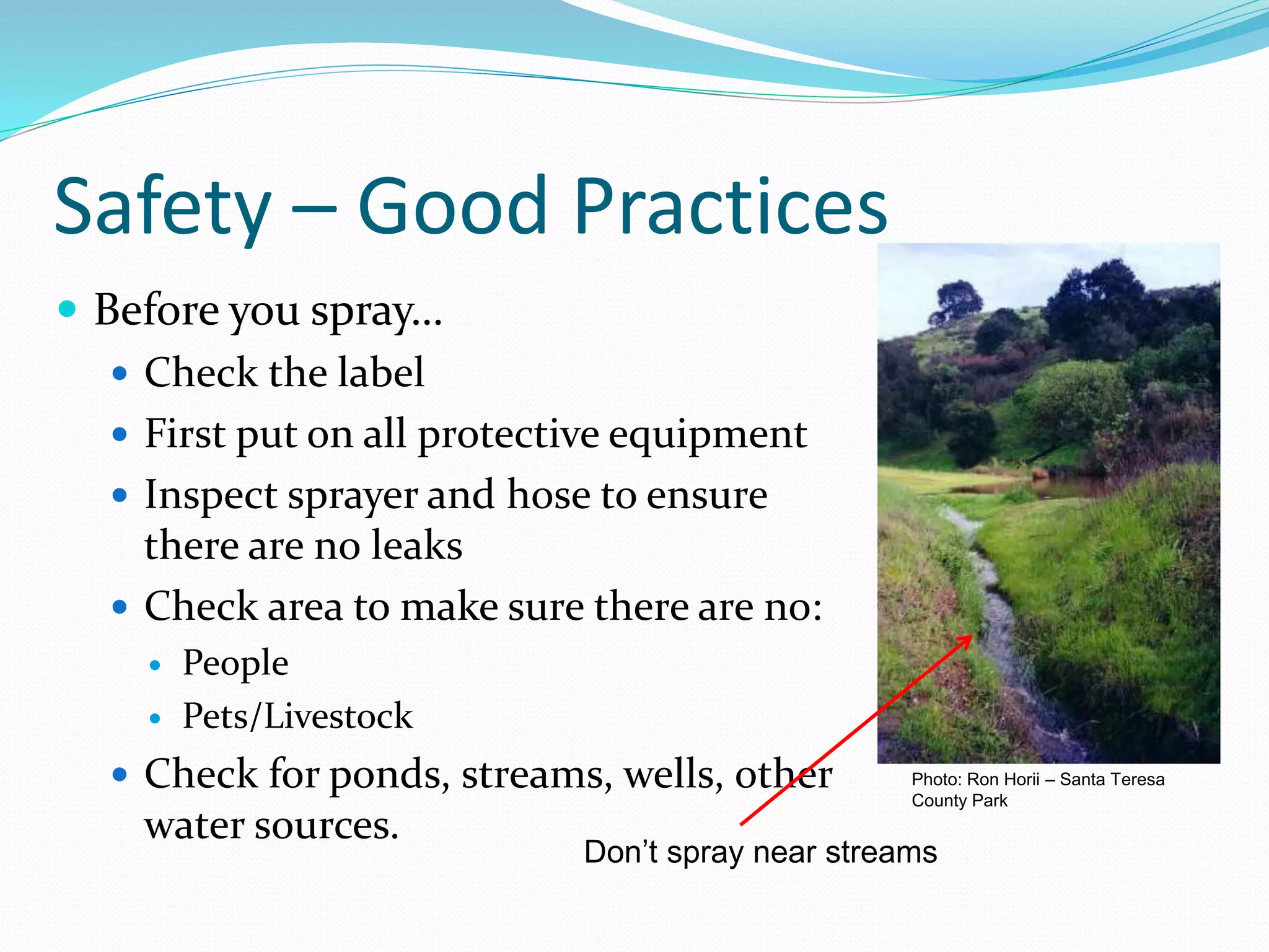 Safety – Good Practices
 Before you spray…
 Check the label
 First put on all protective equipment
 Inspect sprayer and hose to ensure
there are no leaks
 Check area to make sure there are no:
 People
 Pets/Livestock
 Check for ponds, streams, wells, other
water sources.
Photo: Ron Horii – Santa Teresa
County Park
Don’t spray near streams
 