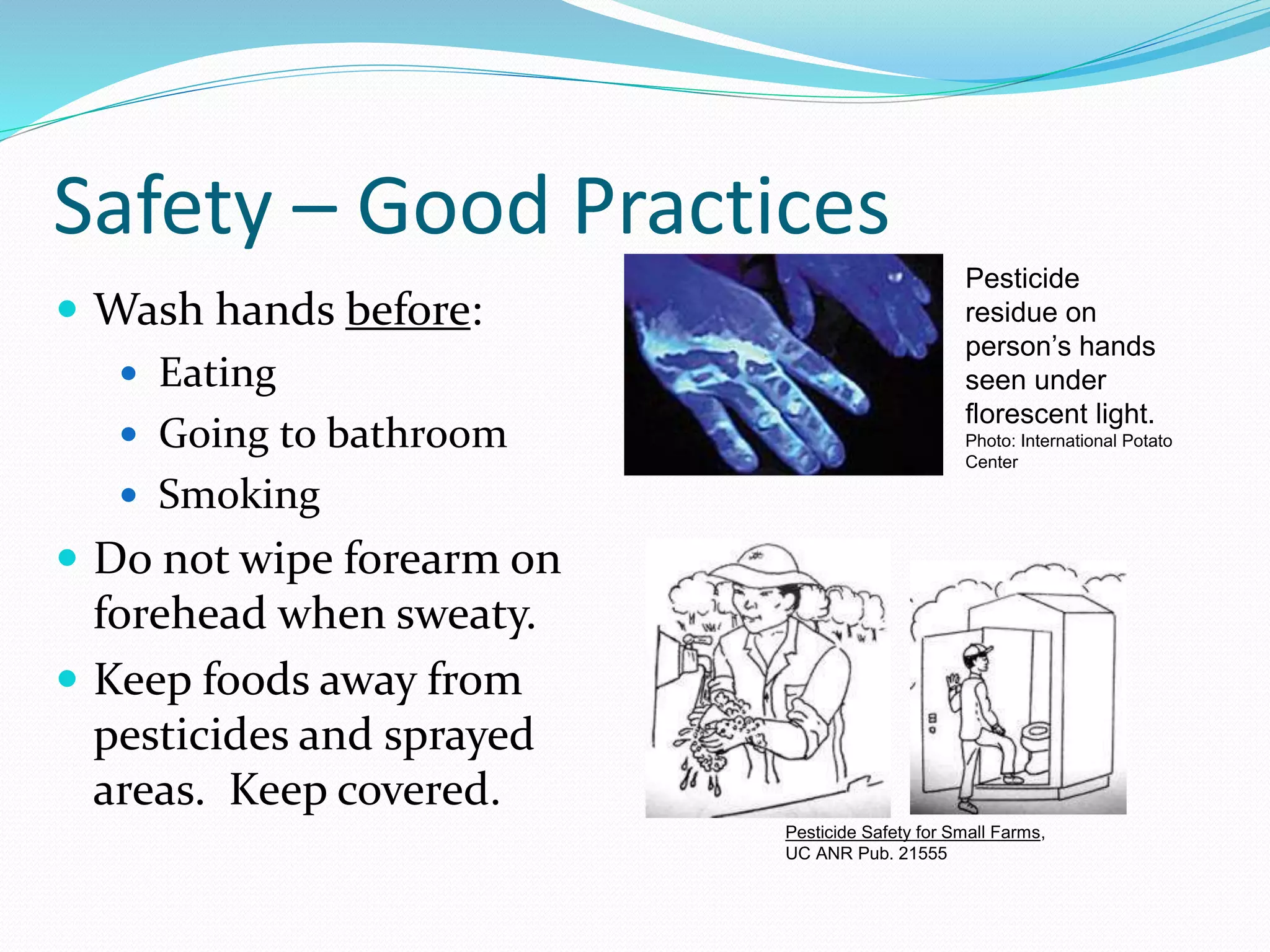 Safety – Good Practices
 Wash hands before:
 Eating
 Going to bathroom
 Smoking
 Do not wipe forearm on
forehead when sweaty.
 Keep foods away from
pesticides and sprayed
areas. Keep covered.
Pesticide Safety for Small Farms,
UC ANR Pub. 21555
Pesticide
residue on
person’s hands
seen under
florescent light.
Photo: International Potato
Center
 