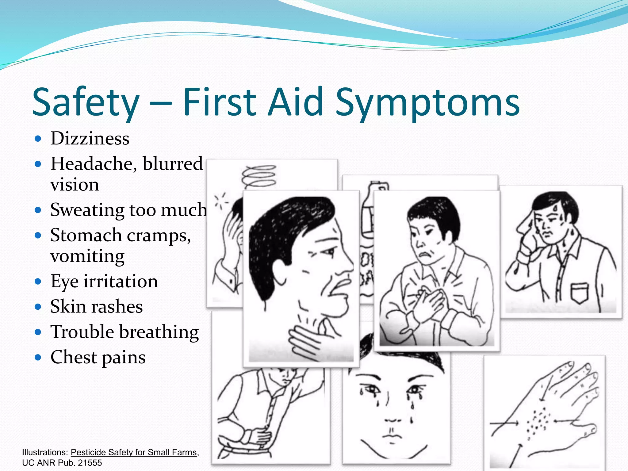 Safety – First Aid Symptoms
 Dizziness
 Headache, blurred
vision
 Sweating too much
 Stomach cramps,
vomiting
 Eye irritation
 Skin rashes
 Trouble breathing
 Chest pains
Illustrations: Pesticide Safety for Small Farms,
UC ANR Pub. 21555
 