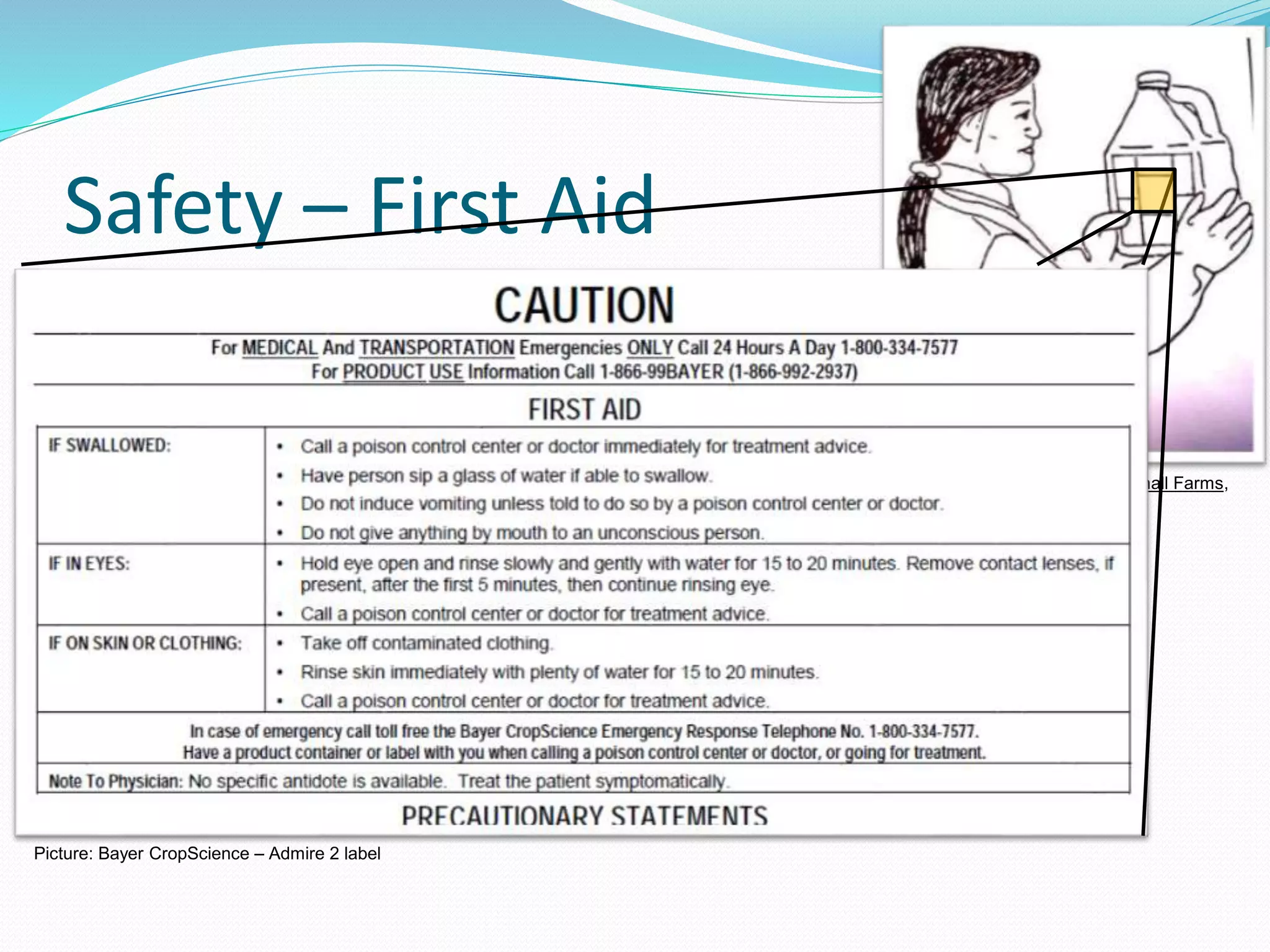 Illustrations: Pesticide Safety for Small Farms,
UC ANR Pub. 21555
Safety – First Aid
 Call the nearest place for
medical care.
 All pesticide labels have
emergency first aid information.
Picture: Bayer CropScience – Admire 2 label
 