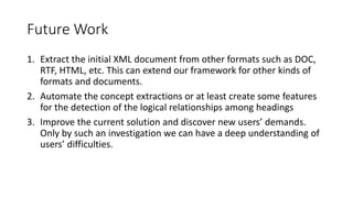 Future Work
1. Extract the initial XML document from other formats such as DOC,
RTF, HTML, etc. This can extend our framework for other kinds of
formats and documents.
2. Automate the concept extractions or at least create some features
for the detection of the logical relationships among headings
3. Improve the current solution and discover new users’ demands.
Only by such an investigation we can have a deep understanding of
users’ difficulties.
 