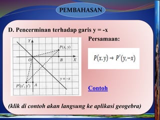 PEMBAHASAN
D. Pencerminan terhadap garis y = -x
Persamaan:
Contoh
(klik di contoh akan langsung ke aplikasi geogebra)
 
