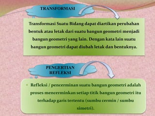 TRANSFORMASI
Transformasi Suatu Bidang dapat diartikan perubahan
bentuk atau letak dari suatu bangun geometri menjadi
bangun geometri yang lain. Dengan kata lain suatu
bangun geometri dapat diubah letak dan bentuknya.
PENGERTIAN
REFLEKSI
 Refleksi / pencerminan suatu bangun geometri adalah
proses mencerminkan setiap titik bangun geometri itu
terhadap garis tertentu (sumbu cermin / sumbu
simetri).
 