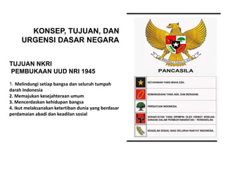 TUJUAN NKRI
PEMBUKAAN UUD NRI 1945
1. Melindungi setiap bangsa dan seluruh tumpah
darah Indonesia
2. Memajukan kesejahteraan umum
3. Mencerdaskan kehidupan bangsa
4. Ikut melaksanakan ketertiban dunia yang berdasar
perdamaian abadi dan keadilan sosial
KONSEP, TUJUAN, DAN
URGENSI DASAR NEGARA
 