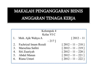 MAKALAH PENGANGGARAN BISNIS
ANGGARAN TENAGA KERJA
Kelompok 4
Kelas VI C
1. Moh. Ajik Wahyu A [ 2012 – 11
– 217 ]
2. Fachrizal Imam Rozali [ 2012 – 11 – 218 ]
3. Marselina Safitri [ 2012 – 11 – 219 ]
4. Siti Zuariyah [ 2012 – 11 – 220 ]
5. Abdul Manan [ 2012 – 11 – 221 ]
6. Riana Untari [ 2012 – 11 – 222 ]
 