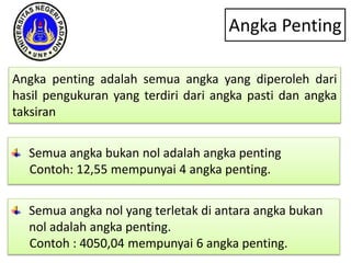 Angka Penting
Angka penting adalah semua angka yang diperoleh dari
hasil pengukuran yang terdiri dari angka pasti dan angka
taksiran
Semua angka bukan nol adalah angka penting
Contoh: 12,55 mempunyai 4 angka penting.
Semua angka nol yang terletak di antara angka bukan
nol adalah angka penting.
Contoh : 4050,04 mempunyai 6 angka penting.
 