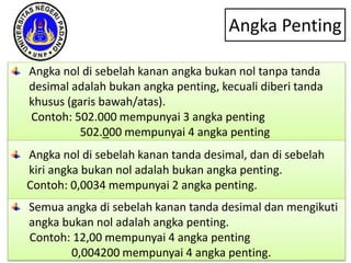 Angka nol di sebelah kanan angka bukan nol tanpa tanda
desimal adalah bukan angka penting, kecuali diberi tanda
khusus (garis bawah/atas).
Contoh: 502.000 mempunyai 3 angka penting
502.000 mempunyai 4 angka penting
Angka nol di sebelah kanan tanda desimal, dan di sebelah
kiri angka bukan nol adalah bukan angka penting.
Contoh: 0,0034 mempunyai 2 angka penting.
Semua angka di sebelah kanan tanda desimal dan mengikuti
angka bukan nol adalah angka penting.
Contoh: 12,00 mempunyai 4 angka penting
0,004200 mempunyai 4 angka penting.
Angka Penting
 