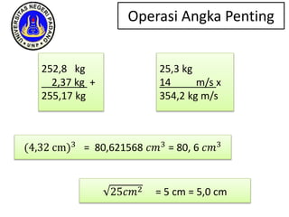 252,8 kg
2,37 kg +
255,17 kg
25,3 kg
14 m/s x
354,2 kg m/s
(4,32 cm)3 = 80,621568 𝑐𝑚3 = 80, 6 𝑐𝑚3
25𝑐𝑚2 = 5 cm = 5,0 cm
Operasi Angka Penting
 