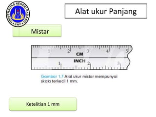 Alat ukur Panjang
Mistar
Ketelitian 1 mm
 
