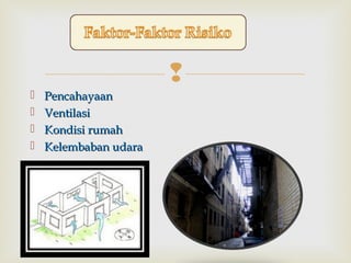 
 PencahayaanPencahayaan
 VentilasiVentilasi
 Kondisi rumahKondisi rumah
 Kelembaban udaraKelembaban udara
 