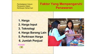 Faktor Yang Mempengaruhi
Penawaran
1. Harga
2. Harga Input
3. Teknologi
4. Harga Barang Lain
5. Perkiraan Harga
6. Jumlah Penjual
Kembali
Pembelajaran Hukum
Penawaran Dalam
Kehidupan Sehari-hari
 