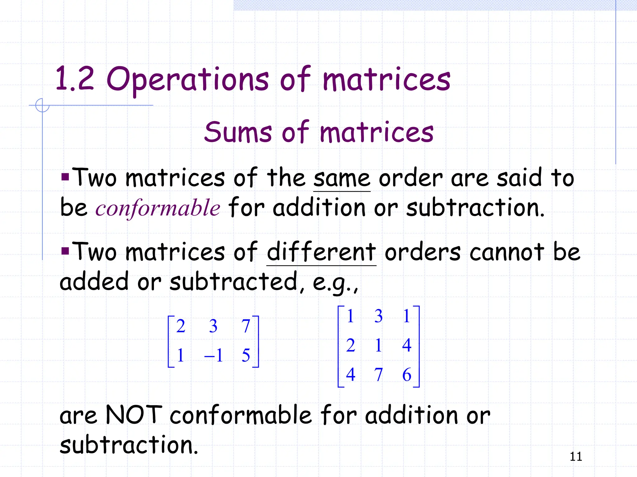 11
Sums of matrices
1.2 Operations of matrices
▪Two matrices of the same order are said to
be conformable for addition or subtraction.
▪Two matrices of different orders cannot be
added or subtracted, e.g.,
are NOT conformable for addition or
subtraction.
2 3 7
1 1 5
 
 

 
1 3 1
2 1 4
4 7 6
 
 
 
 
 
 