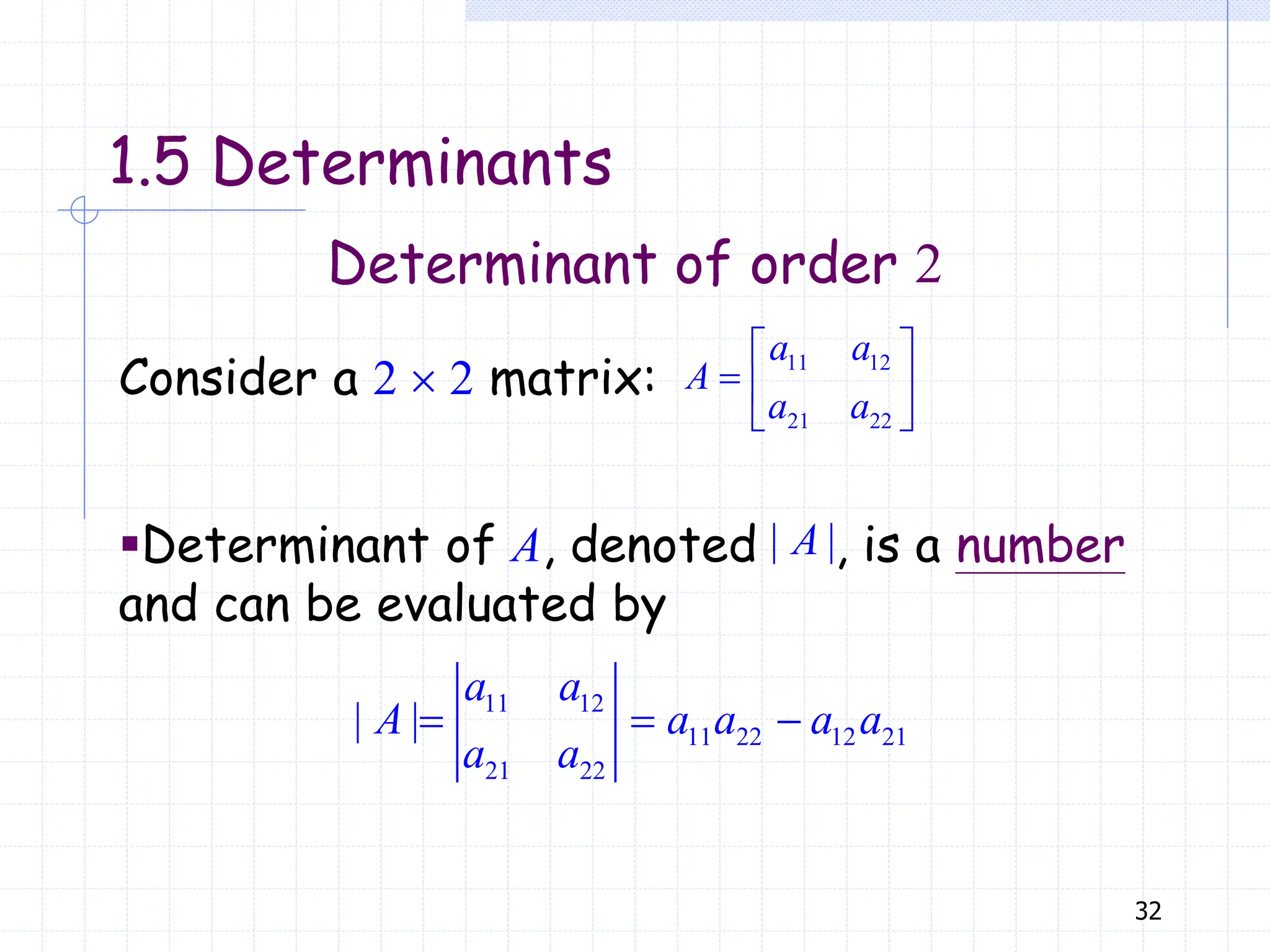 32
1.5 Determinants
Consider a 2  2 matrix: 11 12
21 22
a a
A
a a
 
  
 
Determinant of order 2
▪Determinant of A, denoted , is a number
and can be evaluated by
11 12
11 22 12 21
21 22
| |
a a
A a a a a
a a
  
| |
A
 