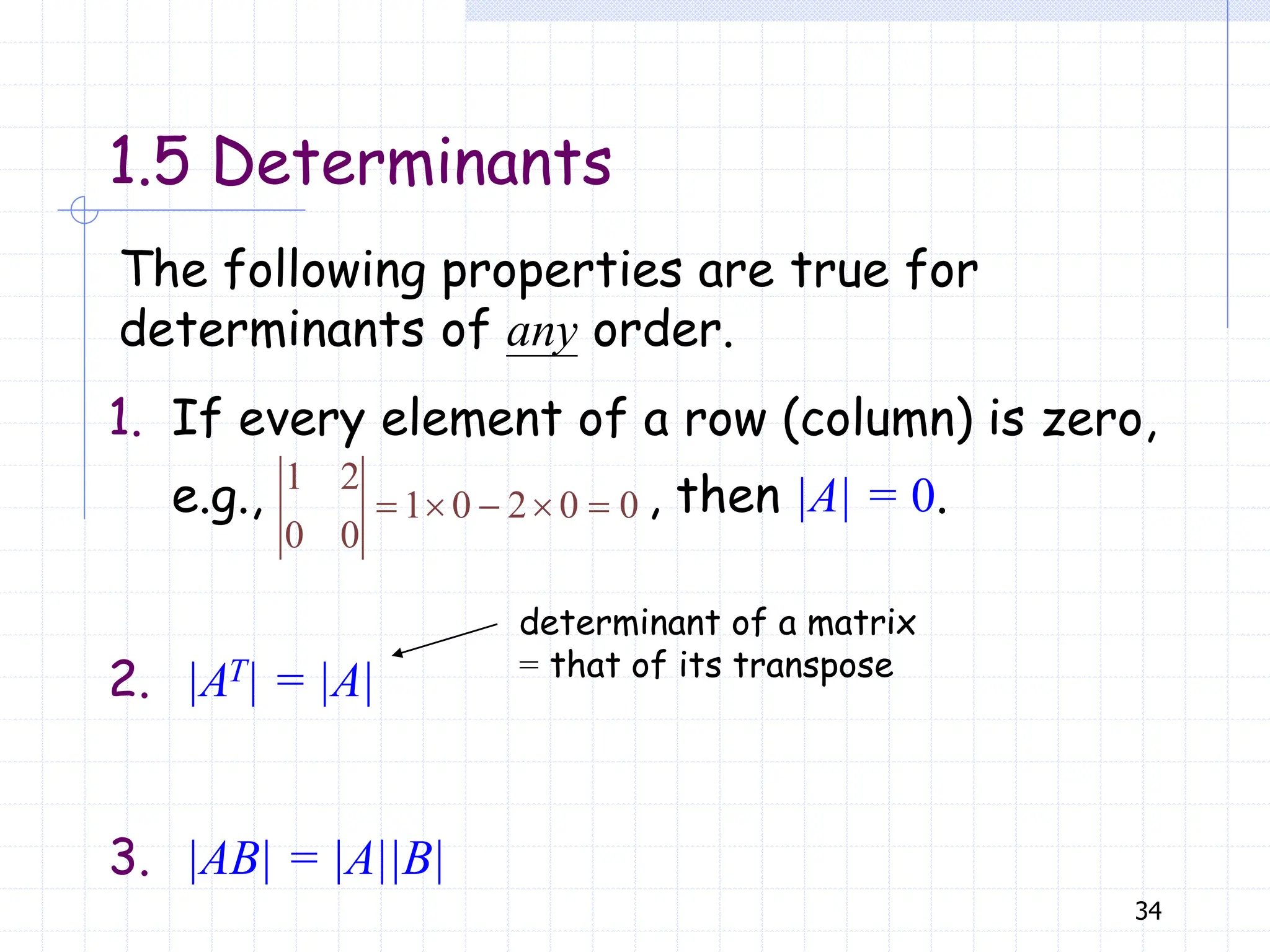34
1.5 Determinants
1. If every element of a row (column) is zero,
e.g., , then |A| = 0.
2. |AT| = |A|
3. |AB| = |A||B|
determinant of a matrix
= that of its transpose
The following properties are true for
determinants of any order.
1 2
1 0 2 0 0
0 0
    
 